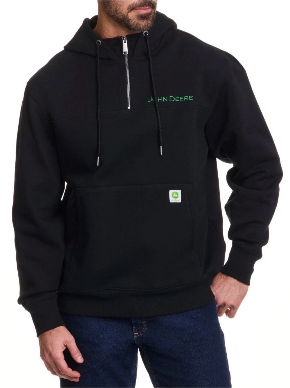 John Deere Black Pullover Hoodie with Green Logo Embroidery
